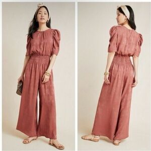 ANTHROPOLOGIE CURRENT AIR MAUVE FLORAL WIDE LEG SHORT SLEEVE JUMPSUIT SIZE S
